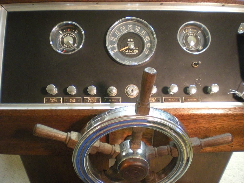 The console of an older fishing boat