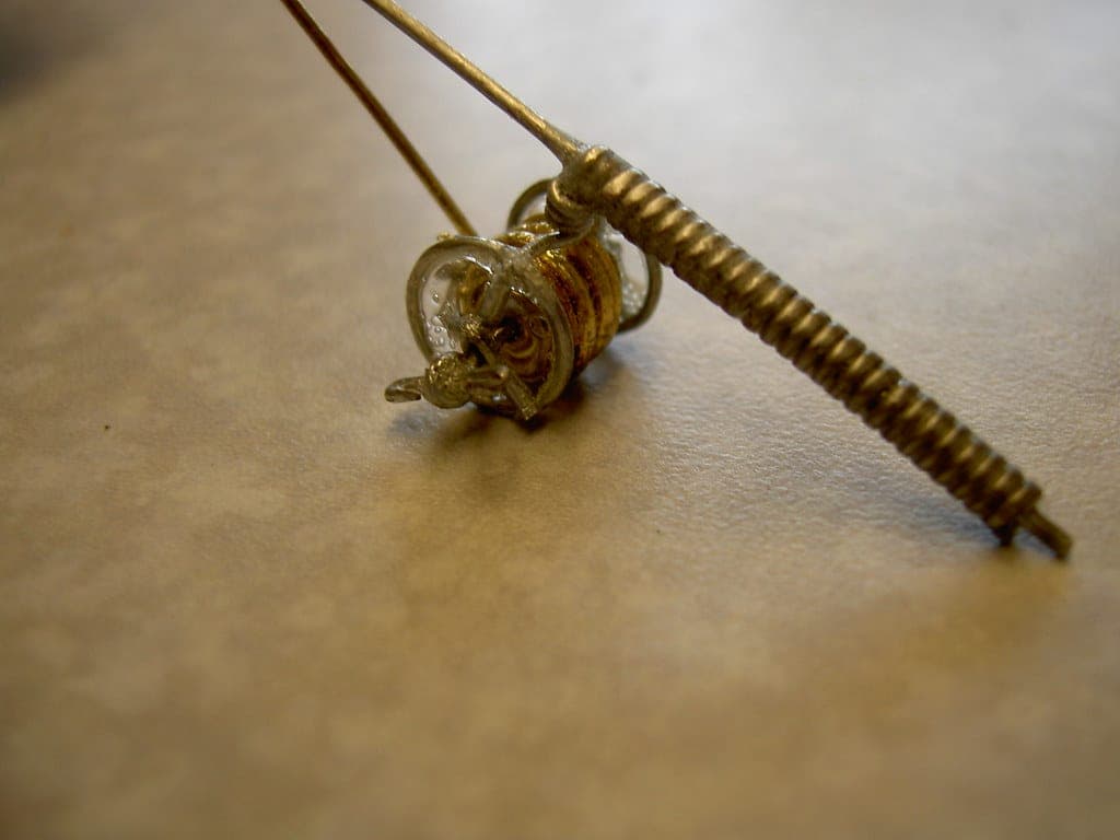 A spinning reel mounted on a rod