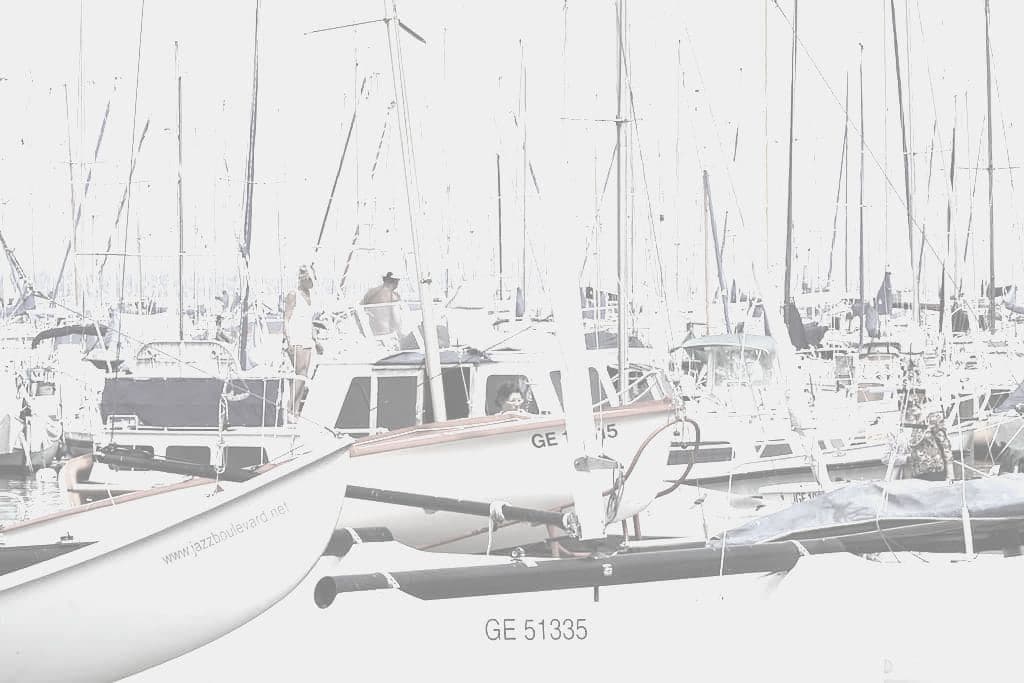 Small boats moored on a large lake